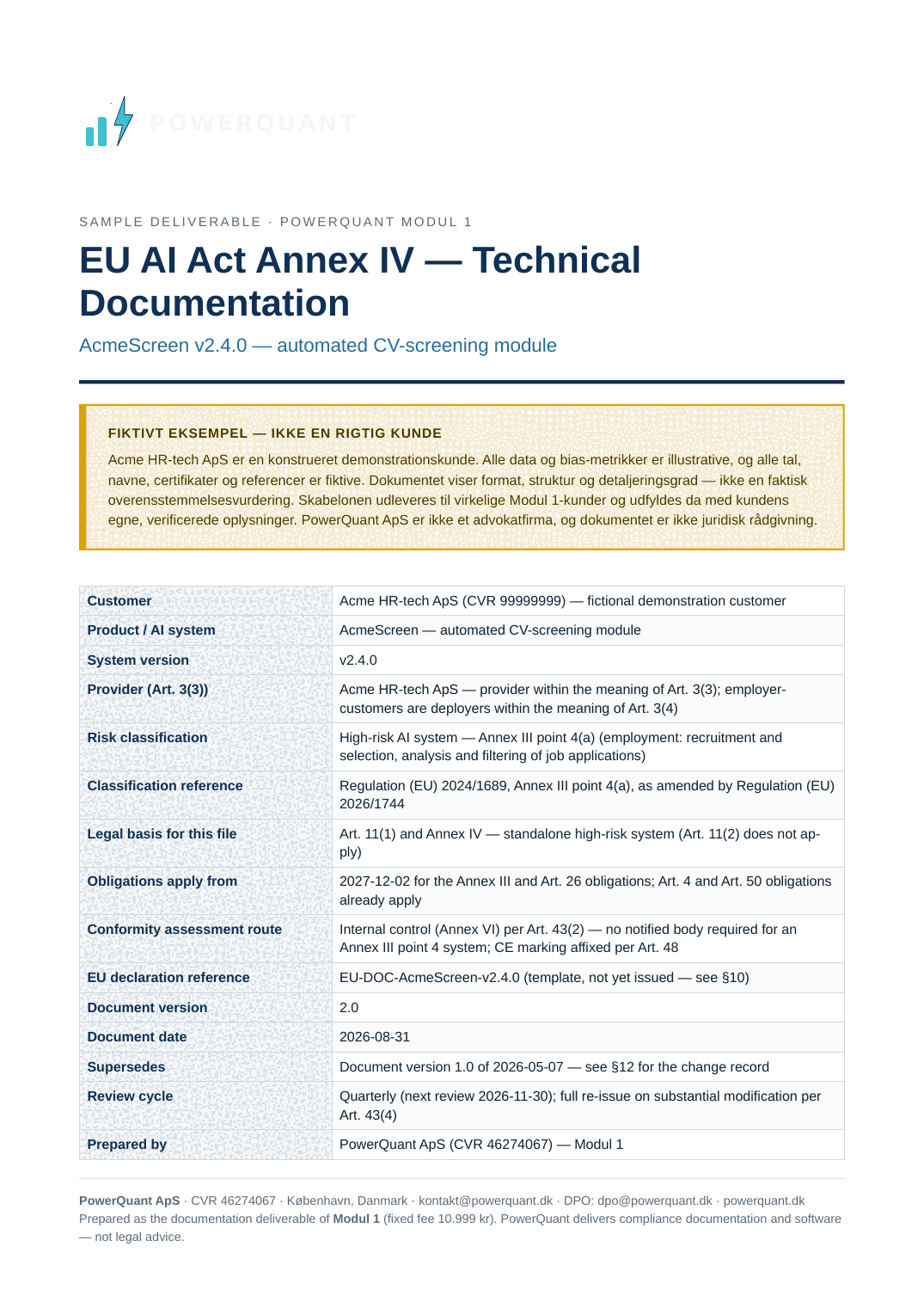 Første side af sample Annex IV-rapporten
